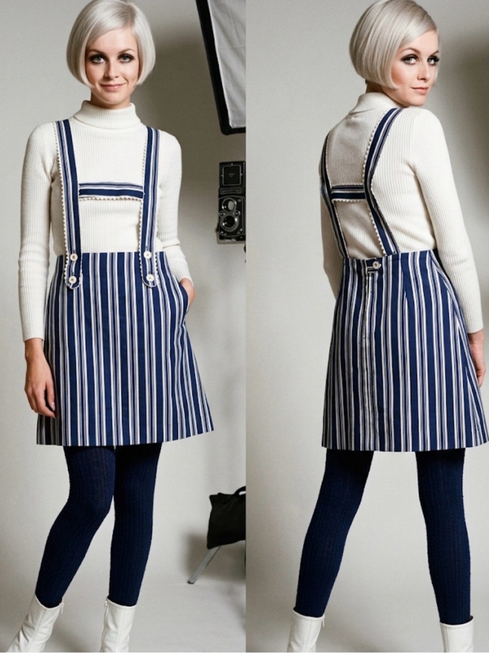 Vtg 60s 70s Mister Marty of California Mod Pinafore Suspender Skirt Striped S